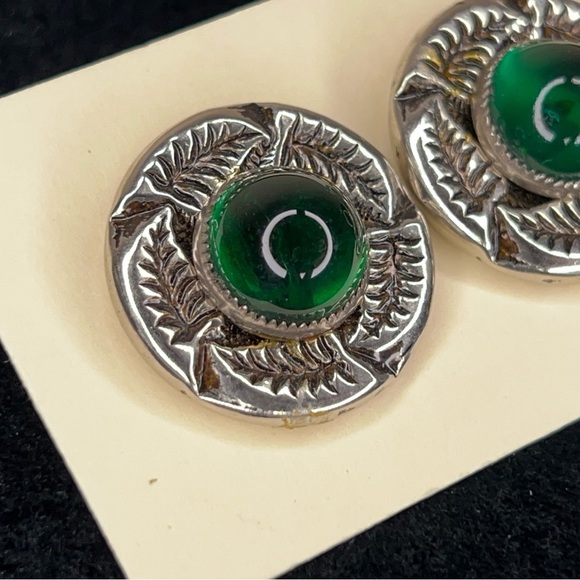 Vintage Silver Green Leaf Design Round Earrings Ornate Estate Retro Goth Elegant - Picture 8 of 8